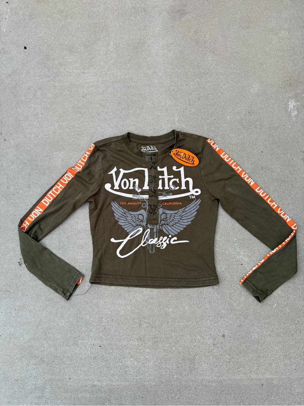 NWT Von Dutch Green Washed Lace-Up Long-Sleeve Shirt Y2K Retro Size M